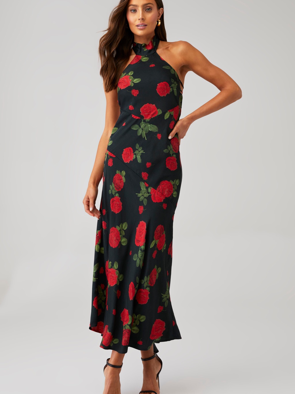For Love & Lemons Black Dress With Red Rose Print